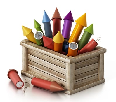 Fireworks standing inside wooden crate. 3D illustration.