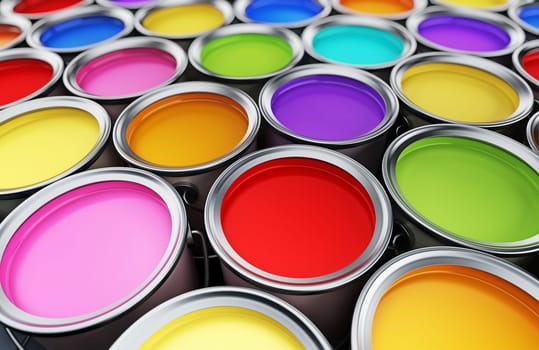 Multi colored paint cans background. 3D illustration.
