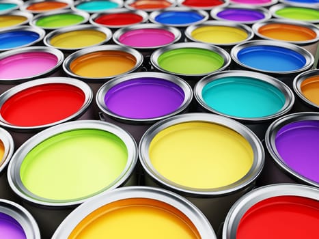 Multi colored paint cans background. 3D illustration.