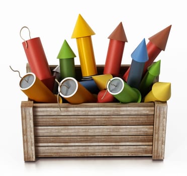 Fireworks standing inside wooden crate. 3D illustration.