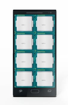 Eight microprocessor cores on smartphone. 3D illustration.