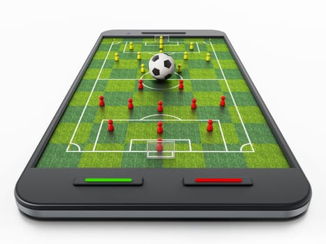Smartphone with soccer field, football and pawns. 3D illustration.