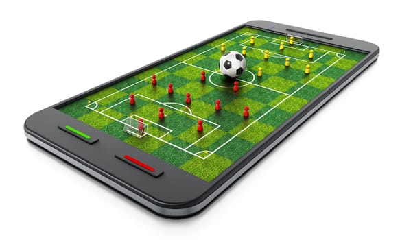 Smartphone with soccer field, football and pawns. 3D illustration.