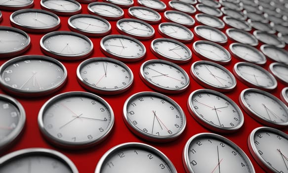 Modern wall clocks showing different time zones of world cities. 3D illustration.