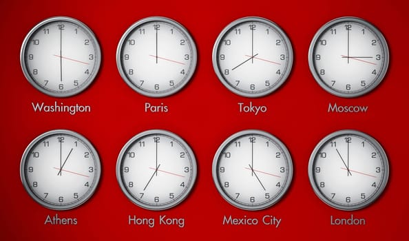 Modern wall clocks showing different time zones of world cities. 3D illustration.
