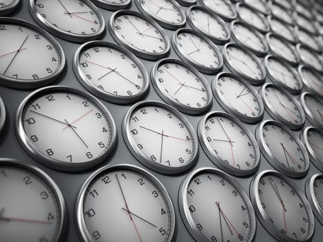 Modern wall clocks showing different time zones of world cities. 3D illustration.