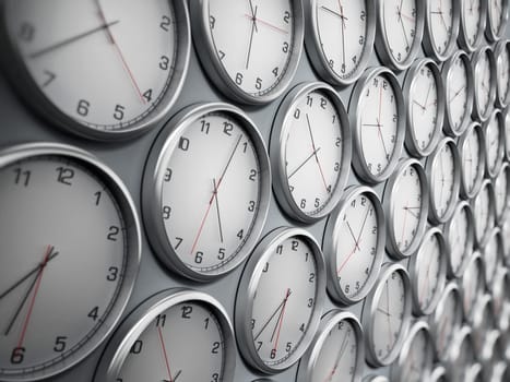 Modern wall clocks showing different time zones of world cities. 3D illustration.