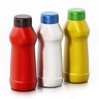 Ketchup, mayonnaise and mustard bottles isolated on white background. 3D illustration.