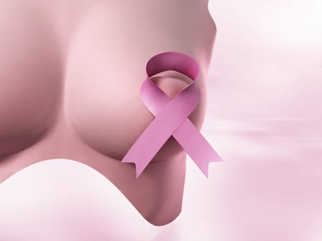 Pink cancer awareness ribbon on woman breast. 3D illustration.