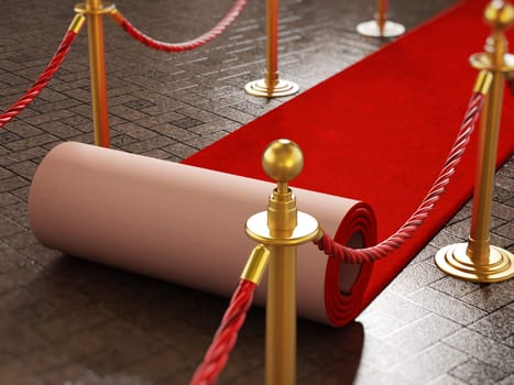 Red carpet and velvet ropes on gala night background. 3D illustration.