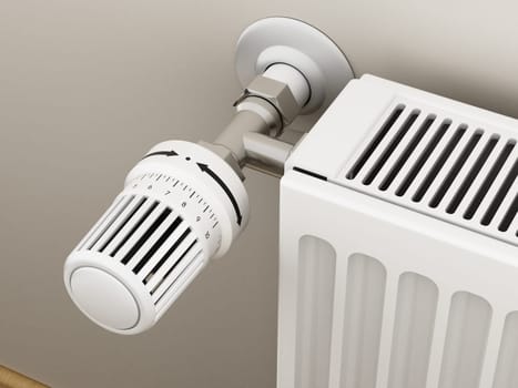 Adjustable radiator thermostat which controls the heat. 3D illustration.
