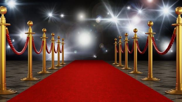 Red carpet and velvet ropes on gala night background. 3D illustration.