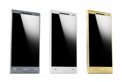 Three smartphones with blank screens isolated on white background. 3D illustration.