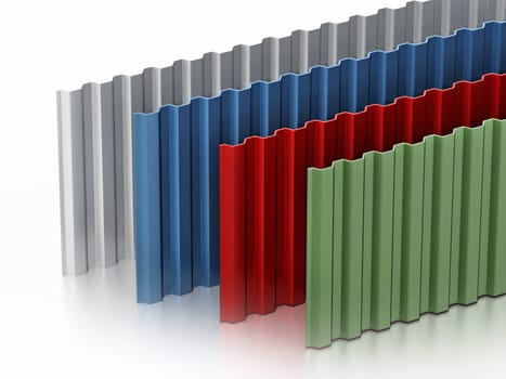 Metal sheets stack with various colors. 3D illustration.
