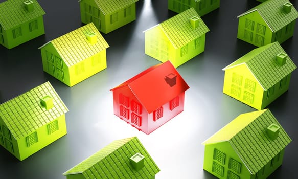 Red house standing out from the crowd. 3D illustration.