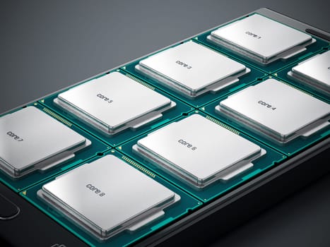 Eight microprocessor cores on smartphone. 3D illustration.
