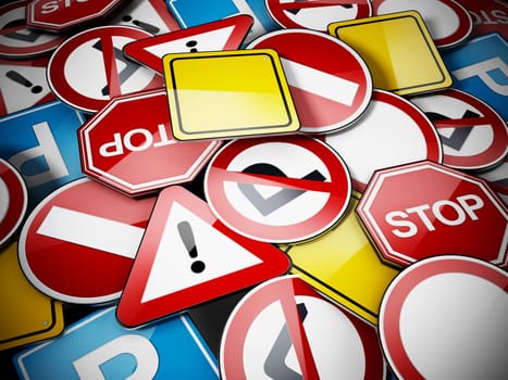 Shiny multi colored traffic signs background. 3D illustration