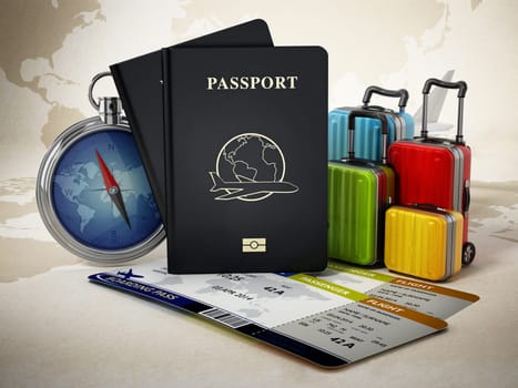 Passports, luggages, tickets and compass on world map background. 3D illustration.