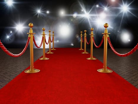 Red carpet and velvet ropes on gala night background. 3D illustration.