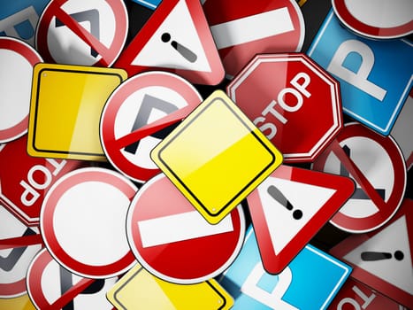Shiny multi colored traffic signs background. 3D illustration