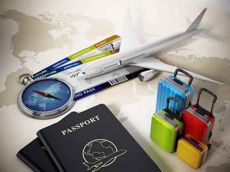 Passports, luggages, tickets and compass on world map background. 3D illustration.