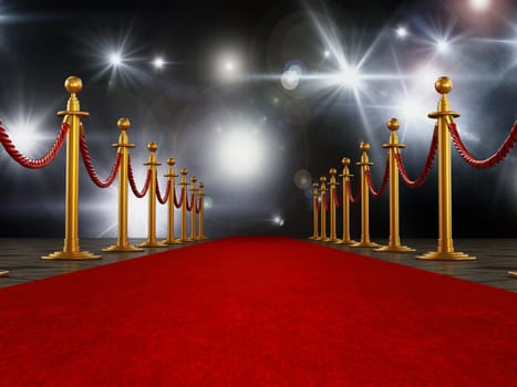 Red carpet and velvet ropes on gala night background. 3D illustration.