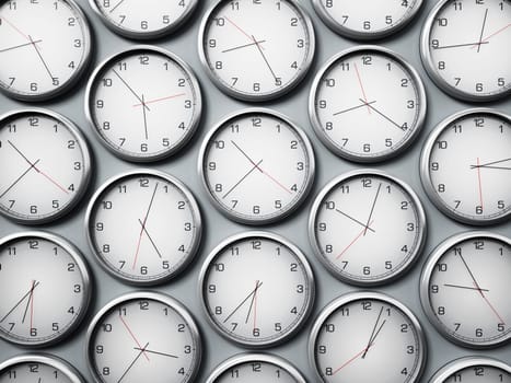 Modern wall clocks showing different time zones of world cities. 3D illustration.