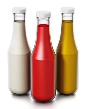 Ketchup, mayonnaise and mustard bottles isolated on white background. 3D illustration.