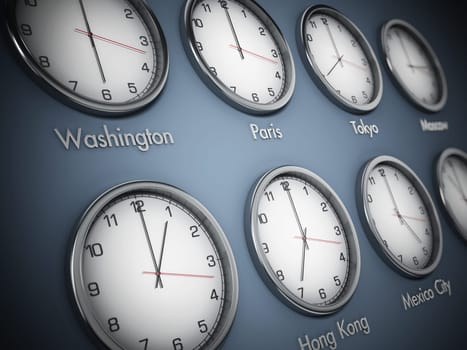 Modern wall clocks showing different time zones of world cities. 3D illustration.