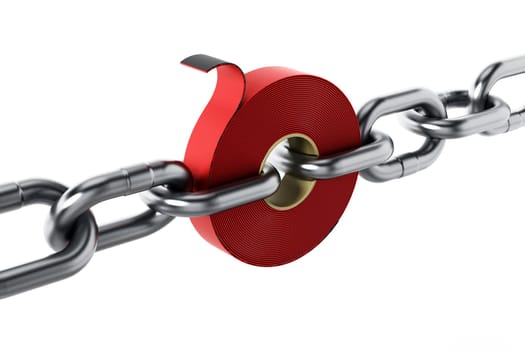 Extra strong adhesive tape among chain parts. 3D illustration.