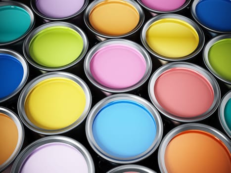 Multi colored paint cans background. 3D illustration.
