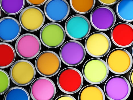 Multi colored paint cans background. 3D illustration.