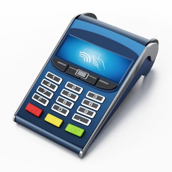 POS terminal with remote wireless symbol on the screen. 3D illustration.