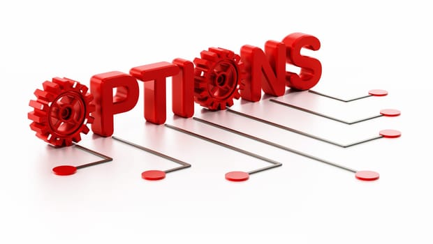 Gears forming letter o in options text. 3D illustration.