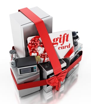 Household equipments and gift card wrapped with red ribbon. 3D illustration.
