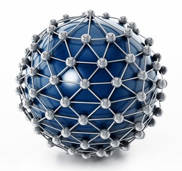 Connected dots on blue globe. 3D illustration.