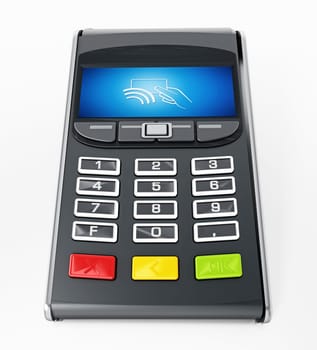 POS terminal with remote wireless symbol on the screen. 3D illustration.