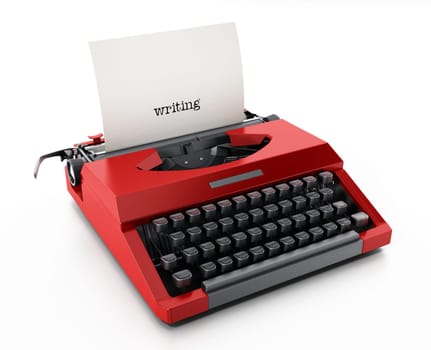 White paper with writing word in red vintage typewriter. 3D illustration.