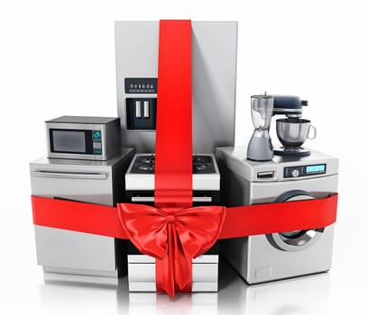 Household equipments wrapped with red ribbon. 3D illustration.