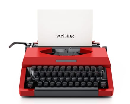 White paper with writing text in red vintage typewriter. 3D illustration.