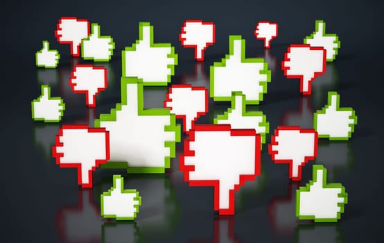 Thumbs up and down icons on black background. 3D illustration.