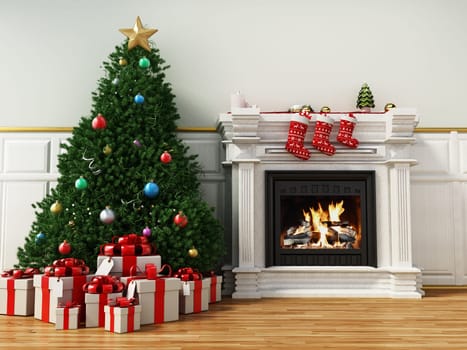 Christmas tree beside burning fireplace. 3D illustration.