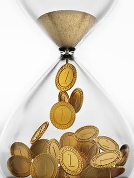 Sand in hourglass turning into gold coins. 3D illustration.