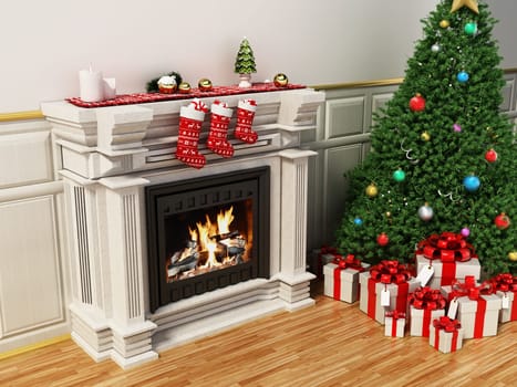 Christmas tree beside burning fireplace. 3D illustration.