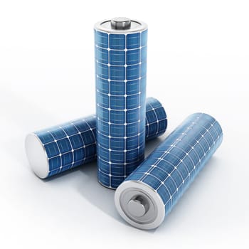 Solar panel on AAA type battery. 3D illustration.