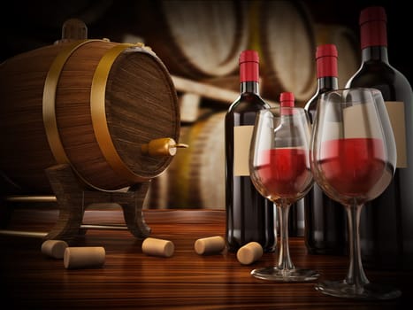 Wine bottle, corks, glass and barrel 3D illustration