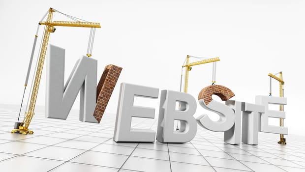 Yellow construction cranes delivering website word letters. 3D illustration.