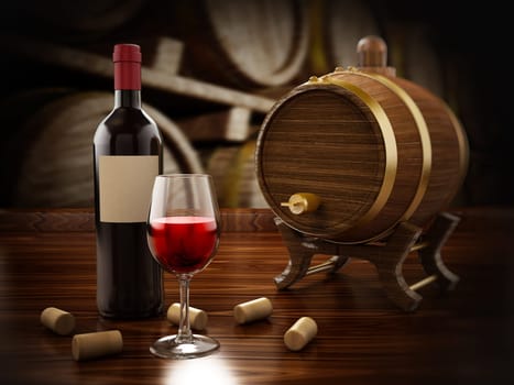 Wine bottle, corks, glass and barrel 3D illustration