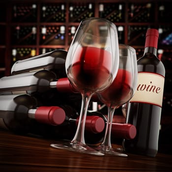 Wine bottles, and glasses on winery table. 3D illustration.