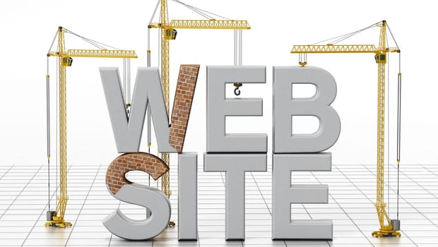 Yellow construction cranes delivering website word letters. 3D illustration.